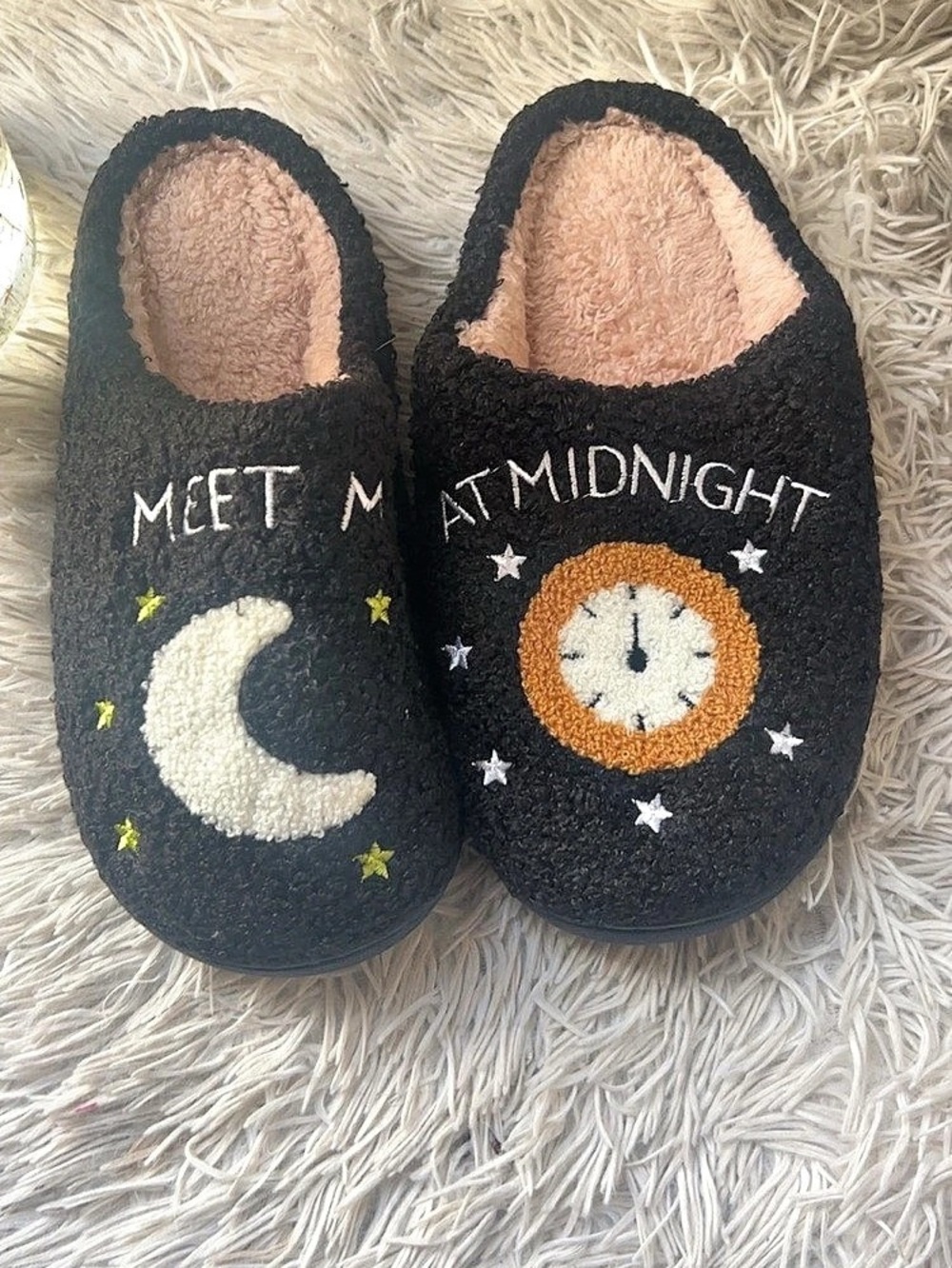 Meet Me at Midnight Slippers Moon & Clock Black Size Large